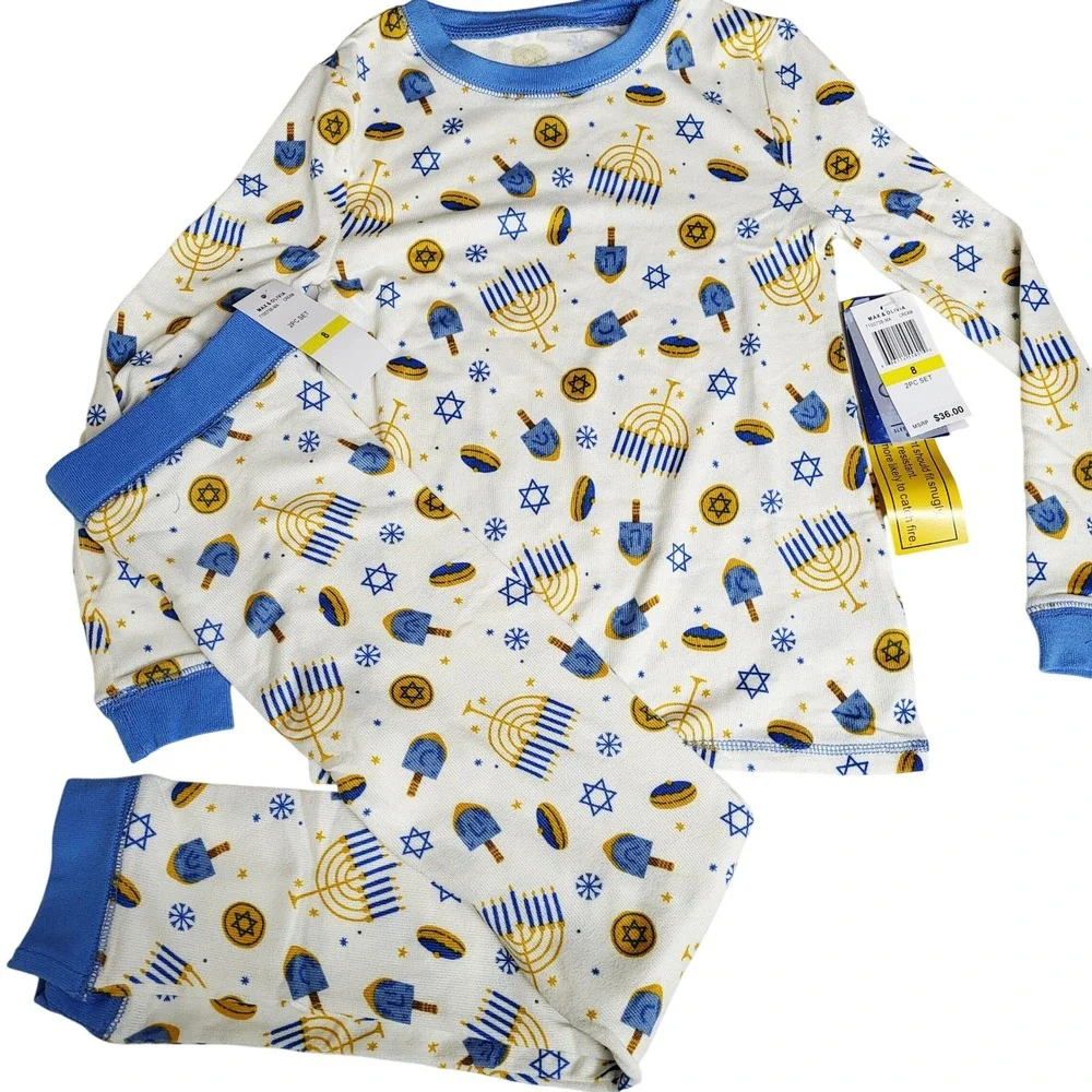 Max Olivia Kids Size 8 Hanukkah Pajama Set Long Sleeve Pants Dreidel Menorah NWT